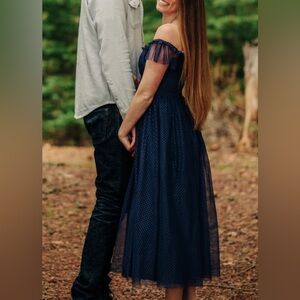 Regal Radiance Navy Blue Tulle Bustier Midi Dress by Lulus